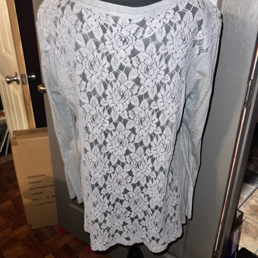 DKNY- Gray Long Sleeve with Relaxed Fit, back has floral lace LARGE